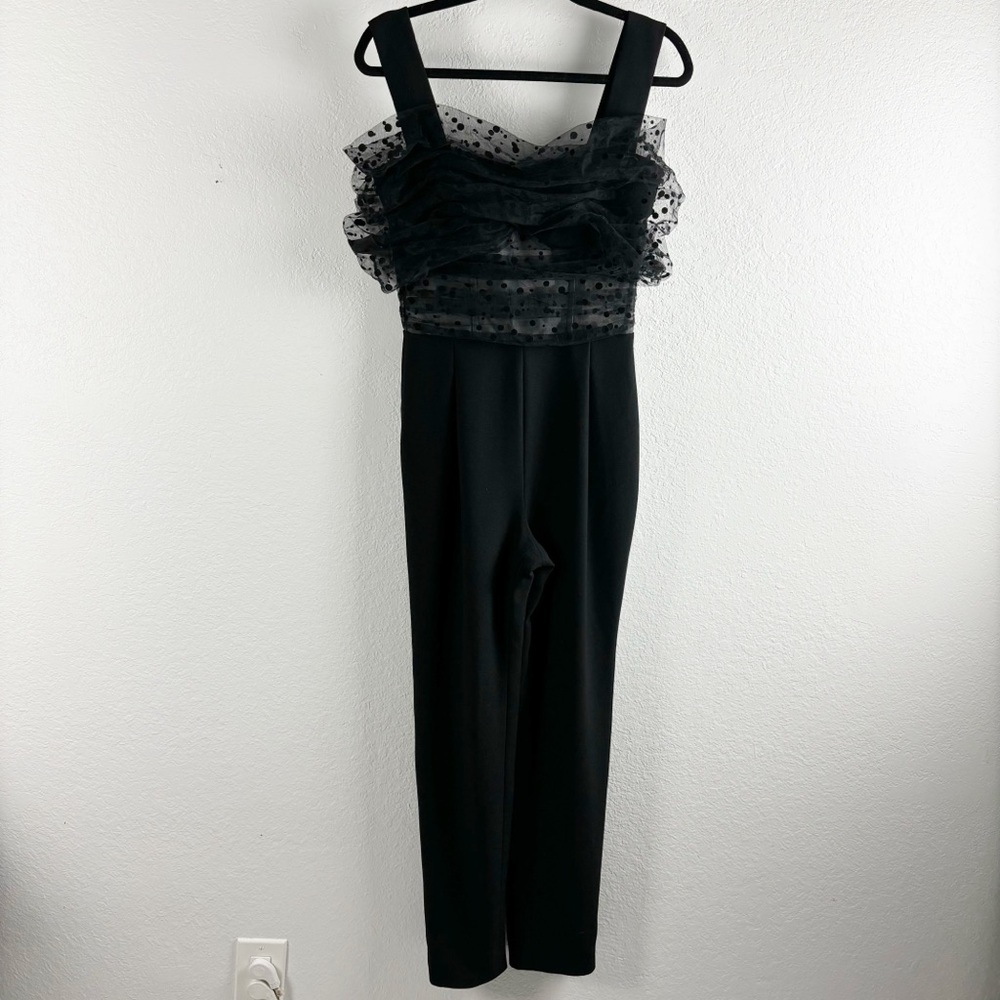 Rasario Draped Crepe Tulle Swiss Polka Dot Jumpsuit Black US 4 Cocktail Formal - Picture 2 of 7